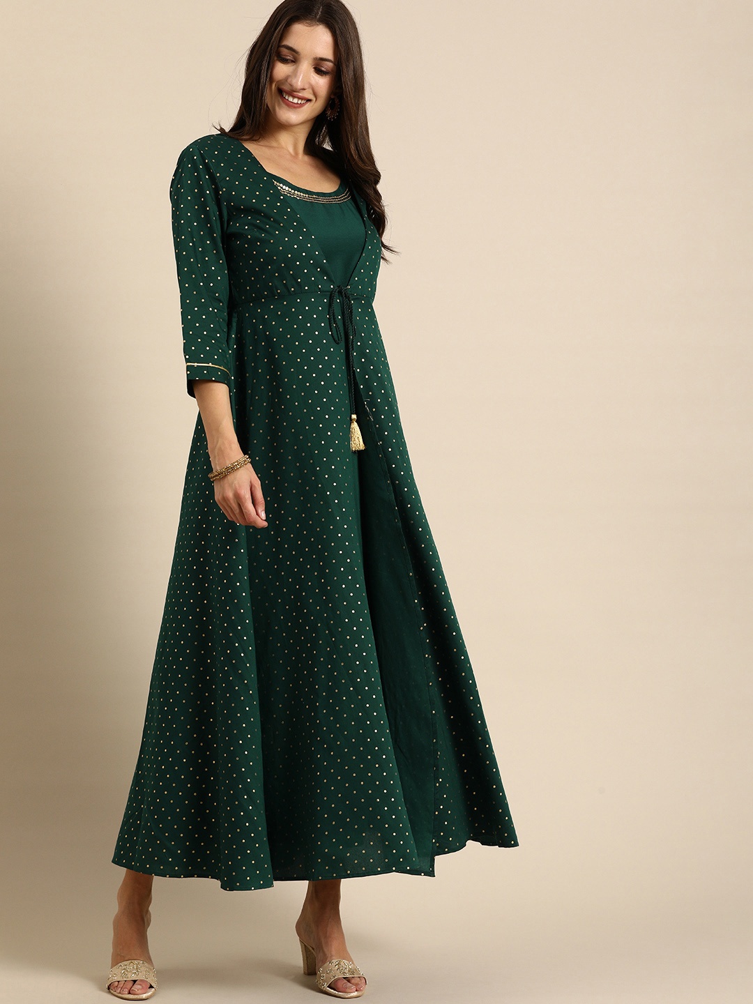 

all about you Women Dark Green Solid Sleeveless Midi Dress With Printed Shrug