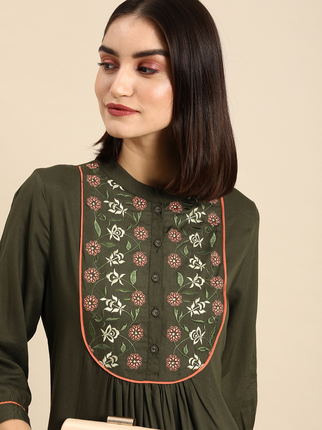 

all about you Women Olive Green Floral Embroidered Ethnic A-Line Dress
