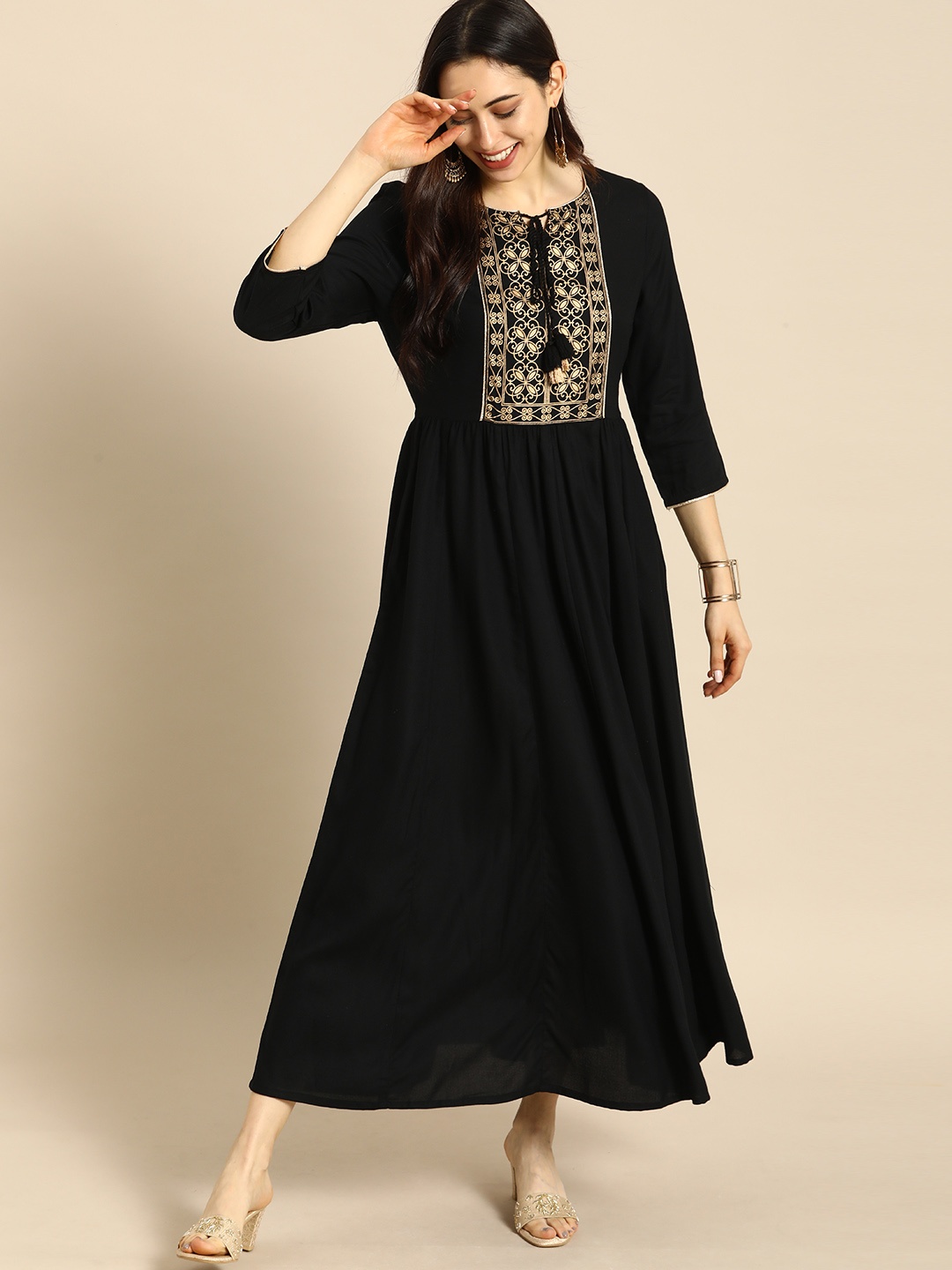 

all about you Black Floral Embroidered Tie-Up Neck Maxi Dress