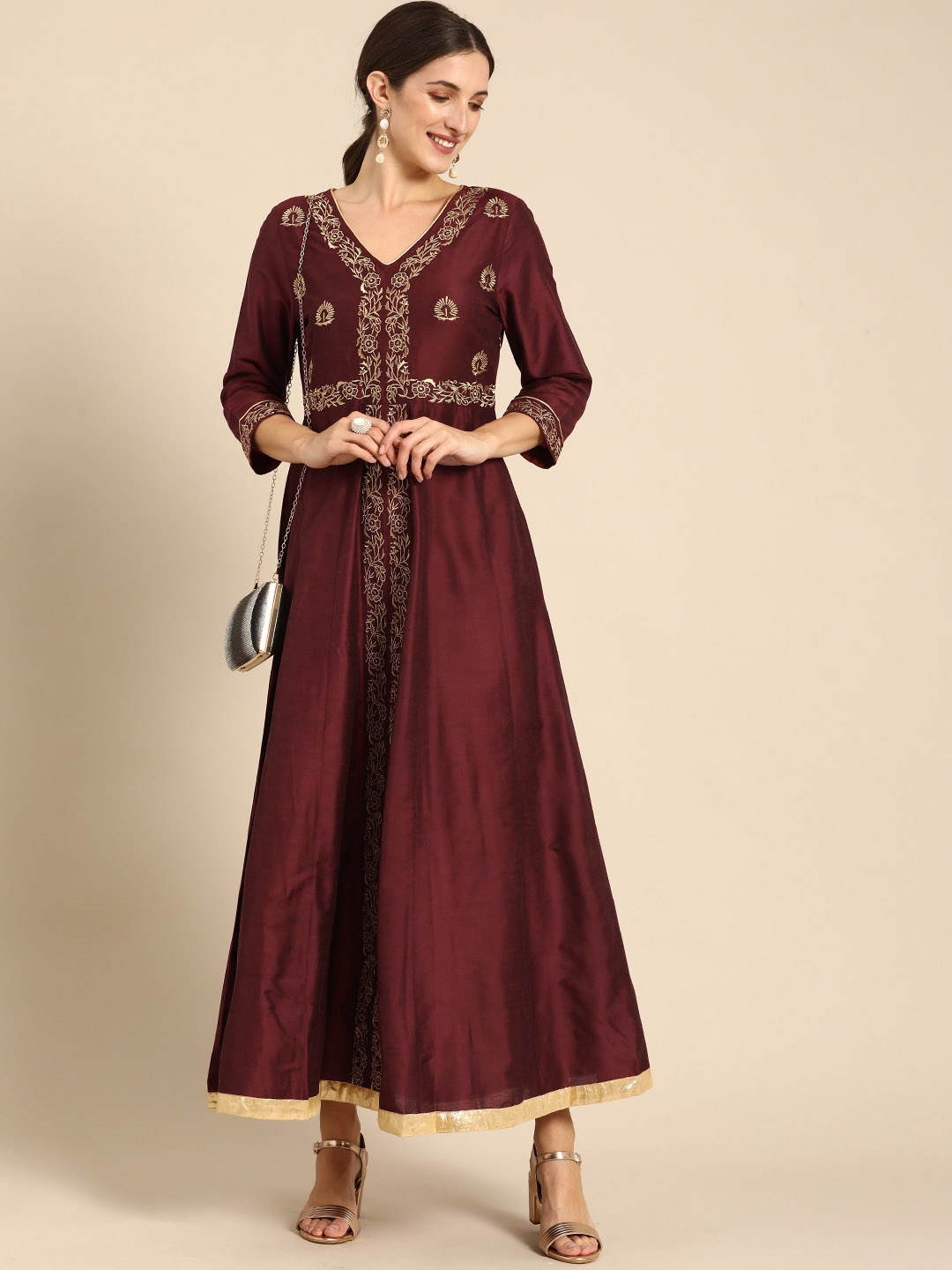 

all about you Maroon Ethnic Motifs Embroidered Ethnic Maxi Dress