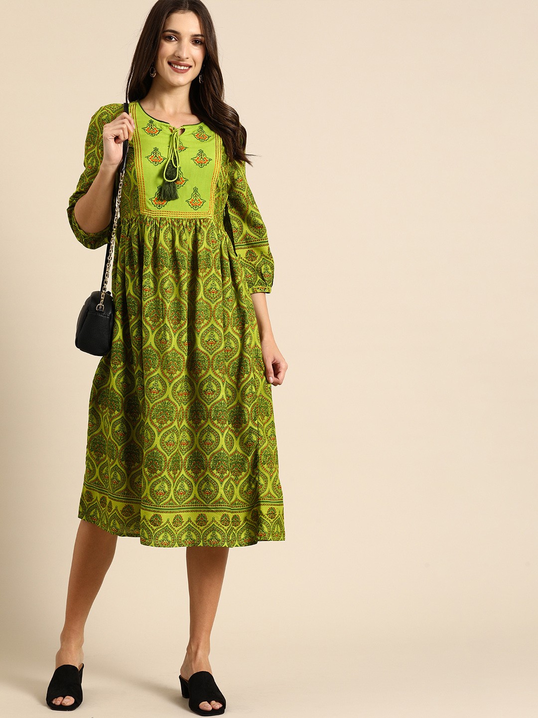 

all about you Green Ethnic Motifs Tie-Up Neck A-Line Midi Dress
