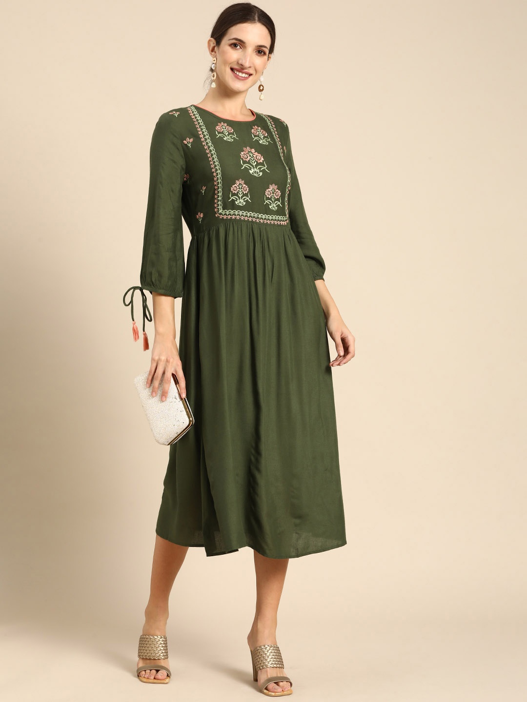 

all about you Green Ethnic Motifs Embroidered Ethnic Midi Dress