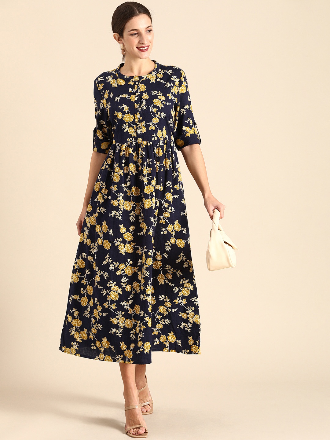 

all about you Navy Blue & Yellow Floral Pure Cotton Midi Dress