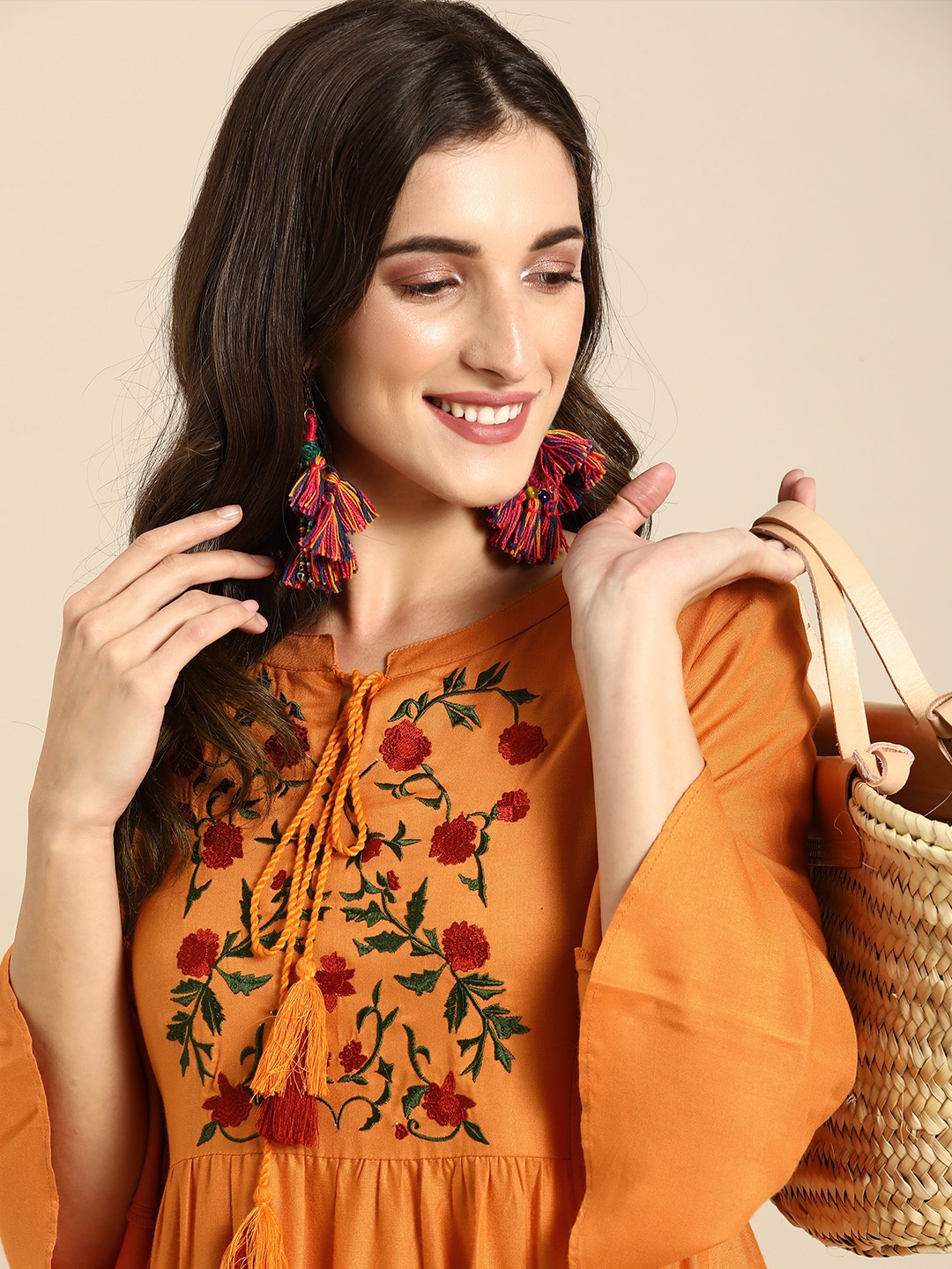 

all about you Orange Floral Embroidered A-Line Midi Dress