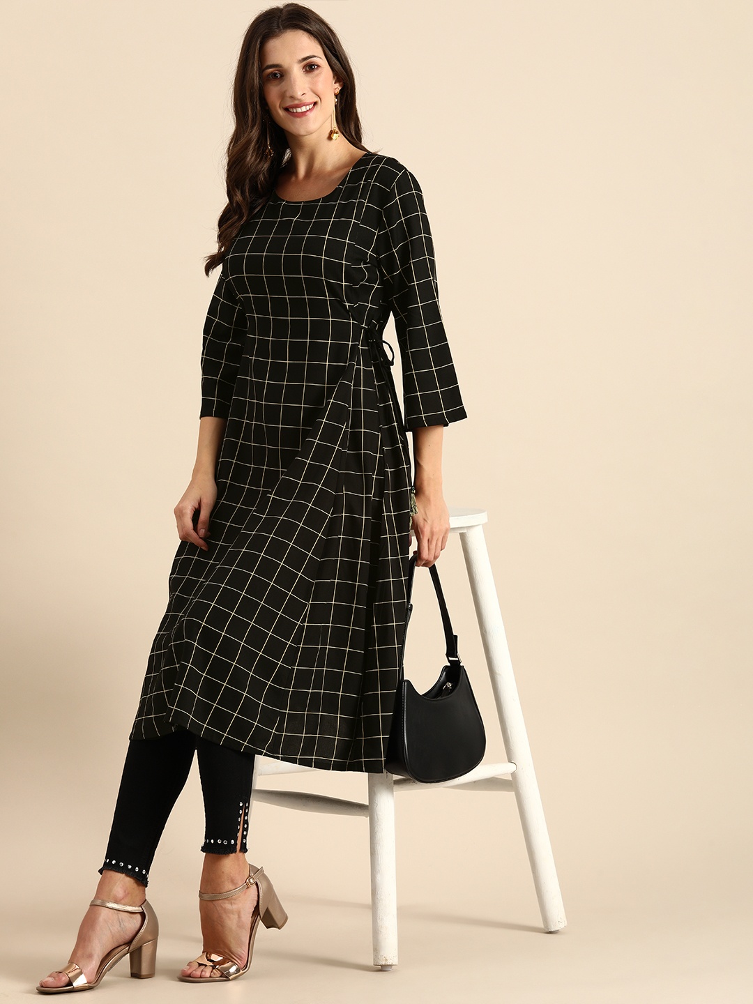 

all about you Women Black & Off White Checked Kurta with Waist Tie-Up Detailing