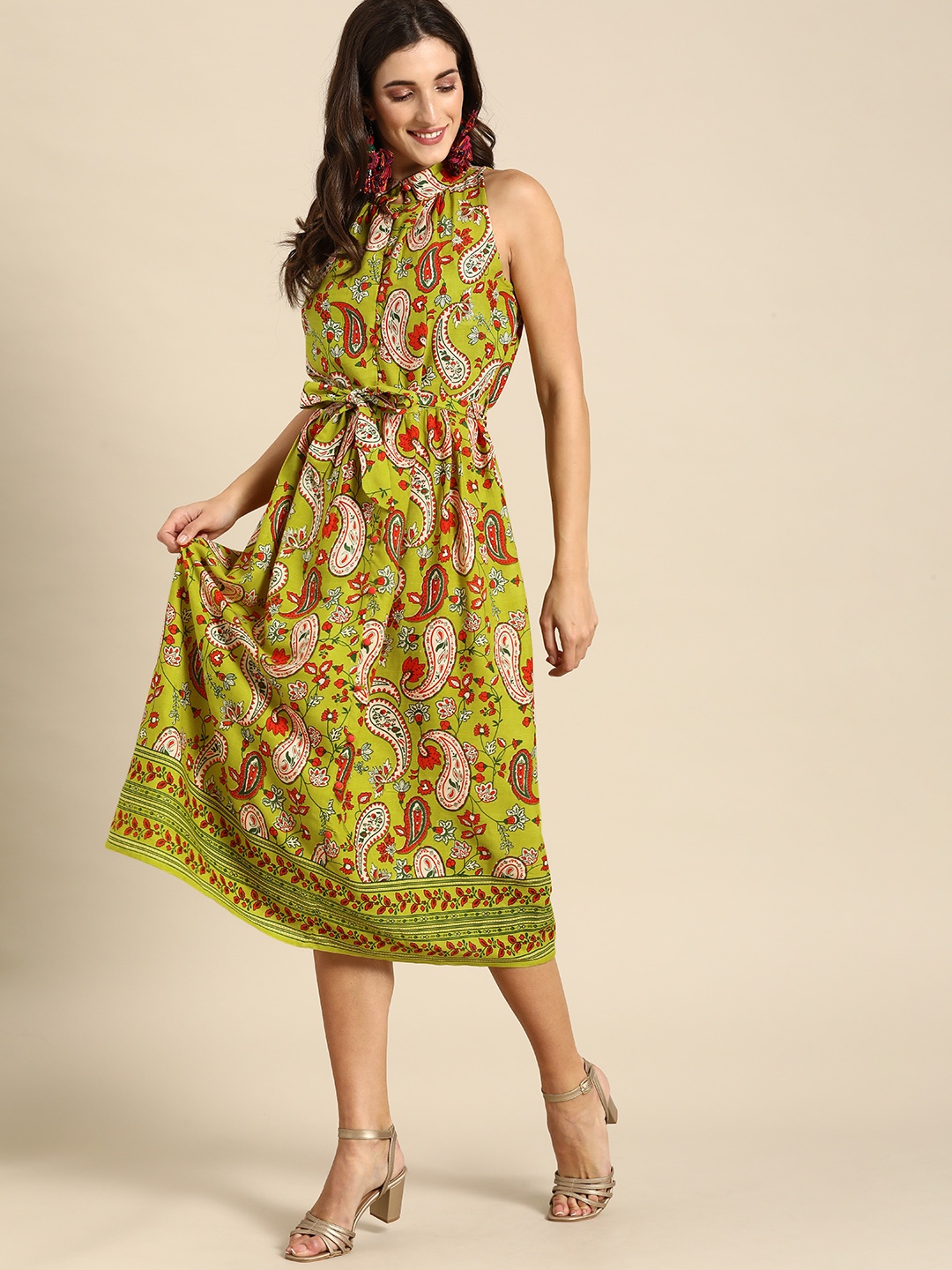 

all about you Green & Orange Ethnic Motifs Midi Dress