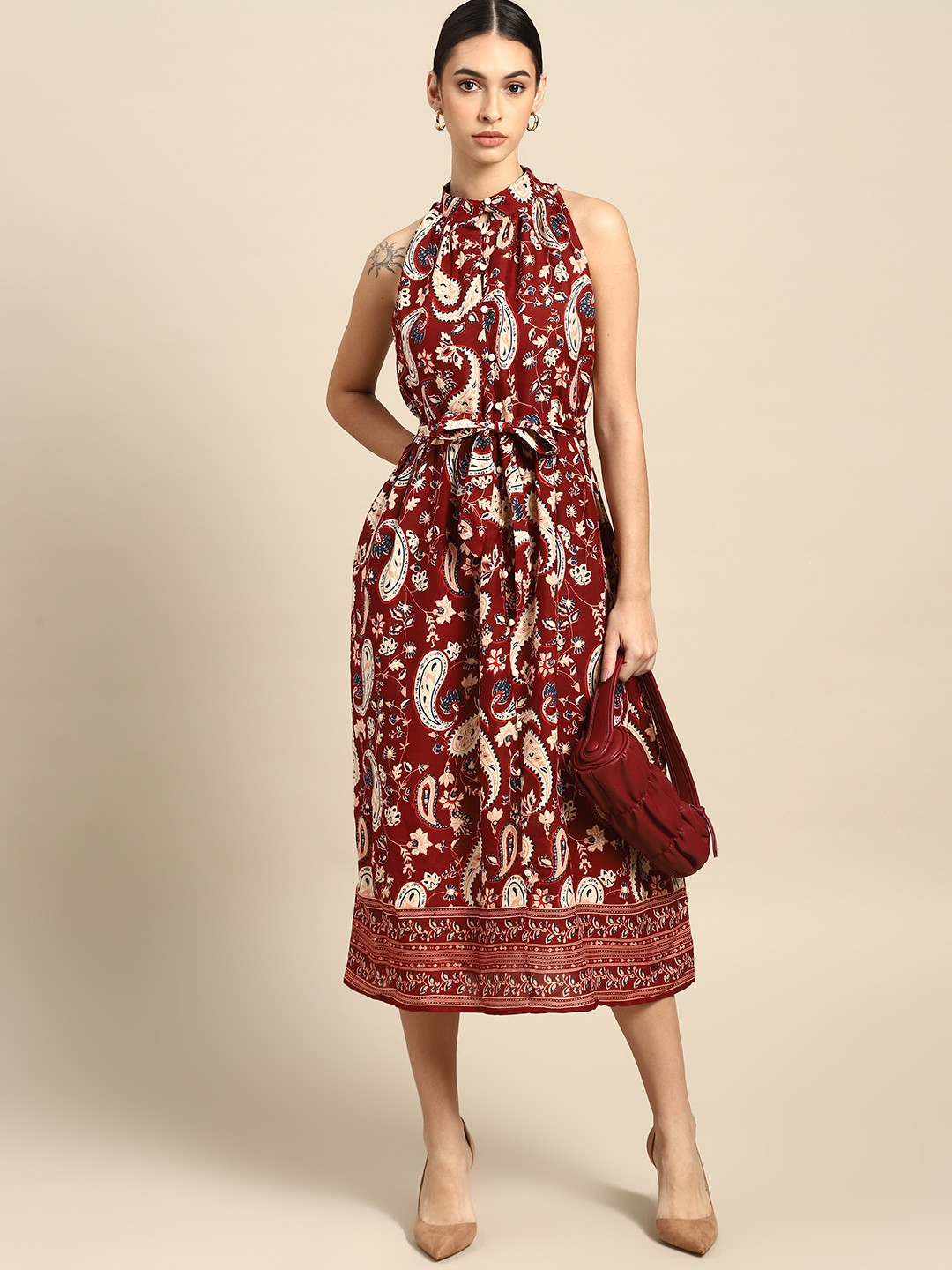

all about you Maroon & Beige Ethnic Motifs Halter Neck A-Line Midi Dress