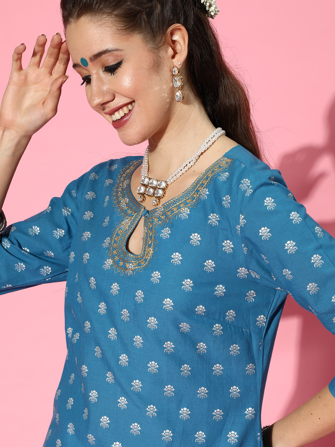 

HERE&NOW Women Navy Blue & Silver Pure Cotton Printed Keyhole Neck Kurta