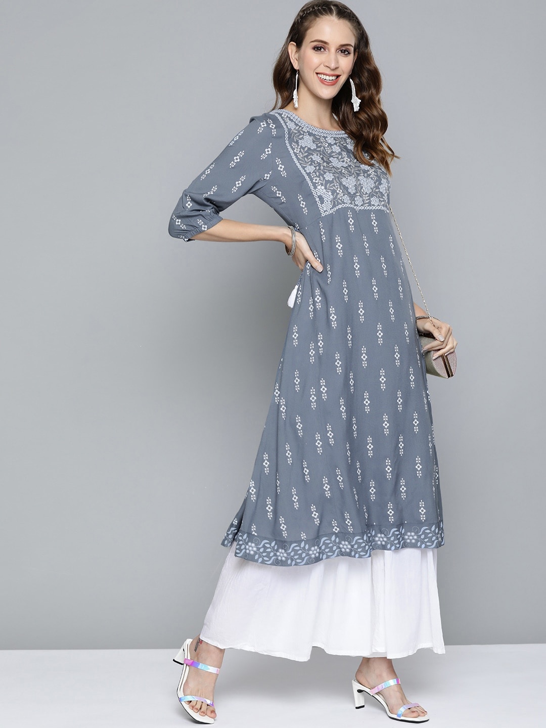 

HERE&NOW Women Grey & White Ethnic Motifs Printed Kurta