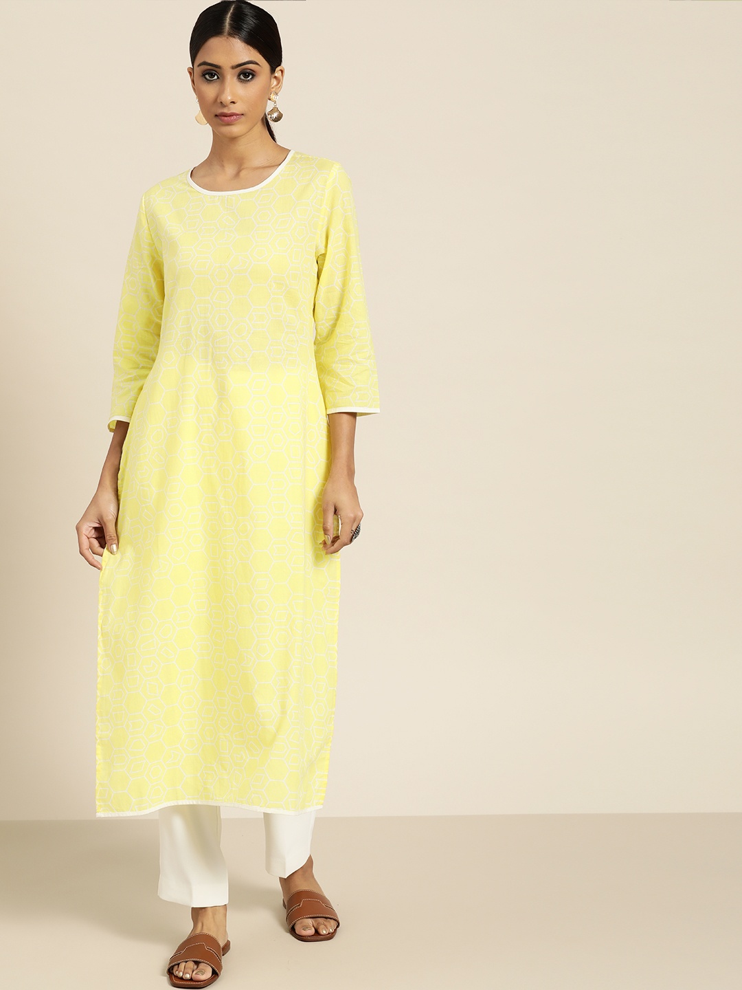 

Moda Rapido Women Yellow & White Geometric Printed Pure Cotton Straight Kurta