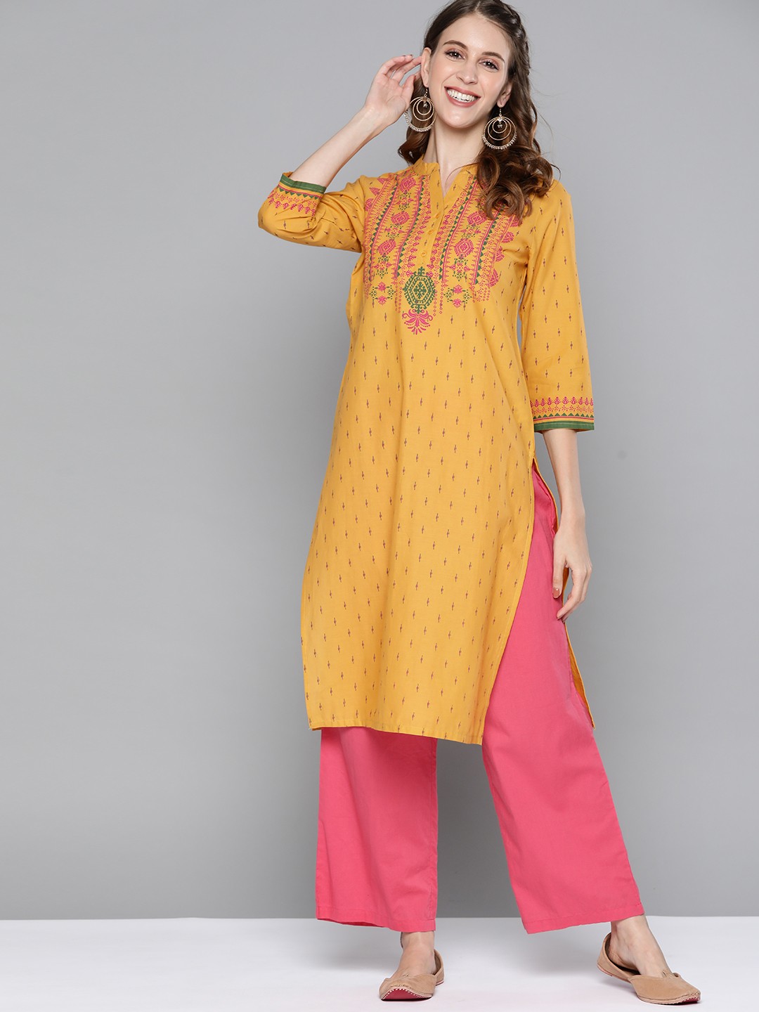 

HERE&NOW Women Mustard Yellow & Green Pure Cotton Ethnic Motifs Printed Kurta