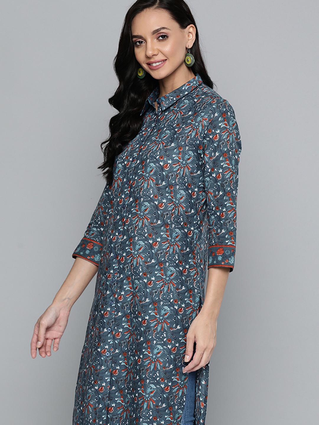 

HERE&NOW Women Navy Blue & Rust Red Ethnic Motifs Cotton Printed Kurta