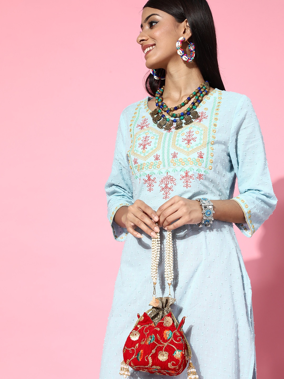 

Moda Rapido Women Blue & Red Ethnic Motifs Yoke Design Thread Work Dobby Kurta