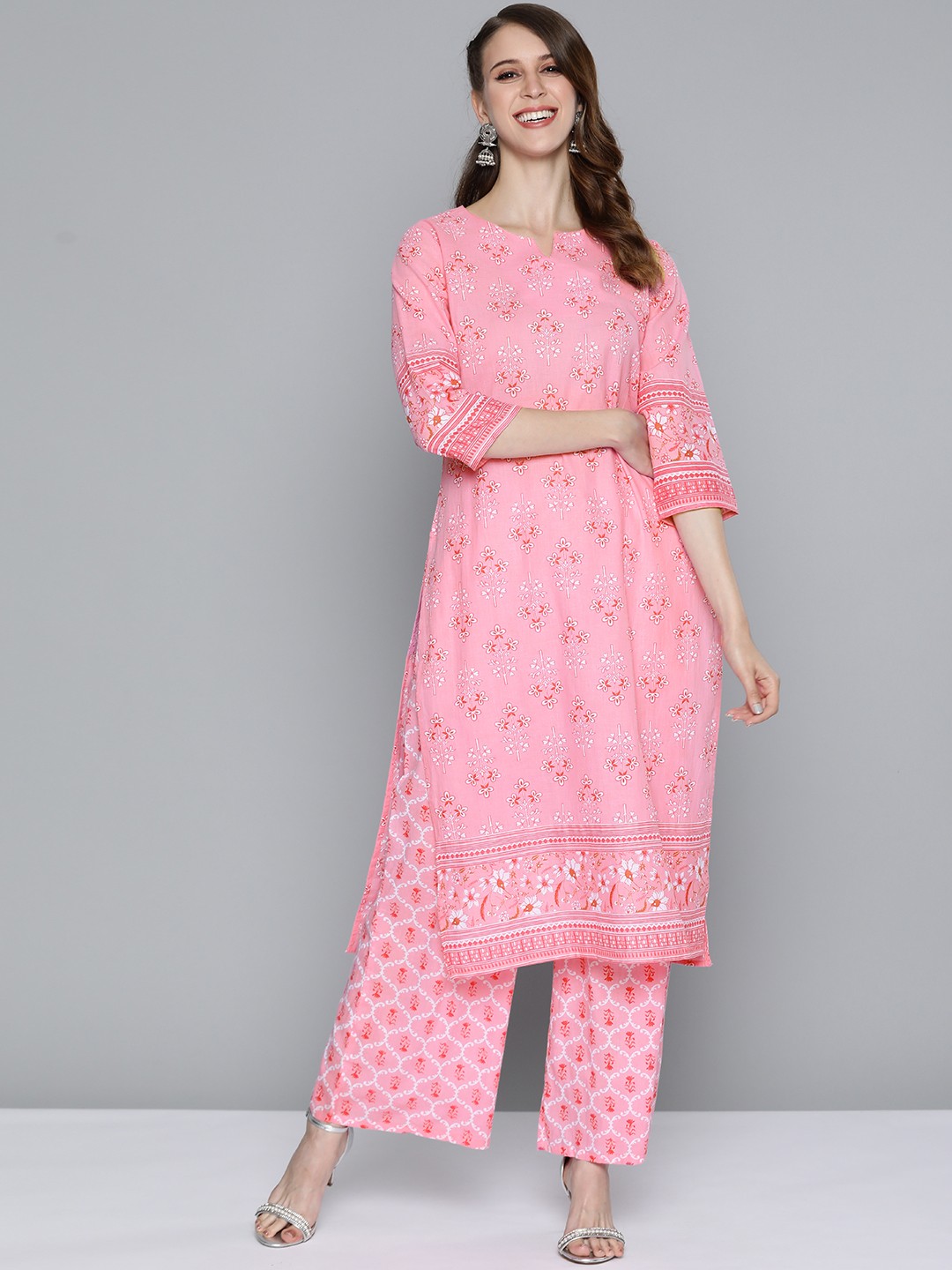 

HERE&NOW Women Pink & White Ethnic Motifs Printed Pure Cotton Kurta with Palazzos
