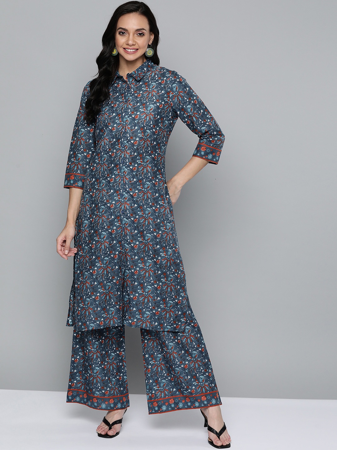 

HERE&NOW Women Navy Blue Ethnic Motifs Printed Pure Cotton Kurta with Palazzos