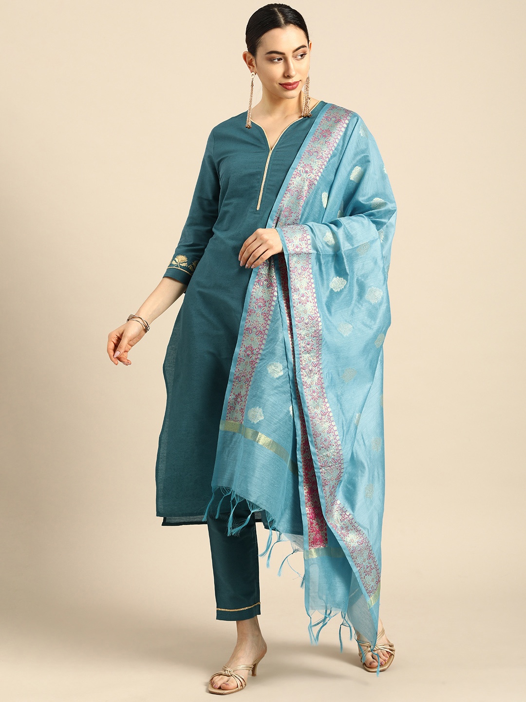 

all about you Women Teal Green & Blue Regular Kurta with Trousers & With Dupatta