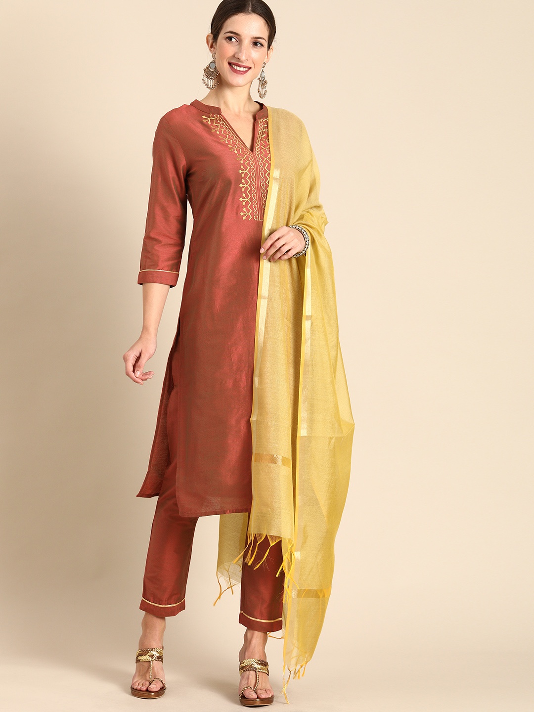 

all about you Women Red Embroidered Kurta with Trousers & With Dupatta