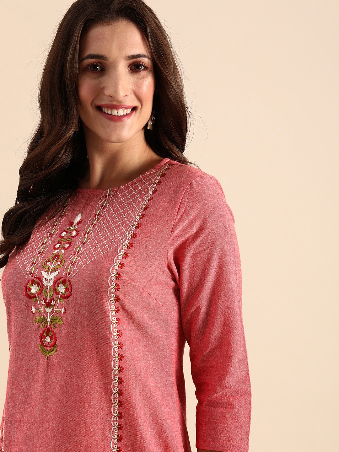 

all about you Women Pink Regular Thread Work Kurti with Trousers