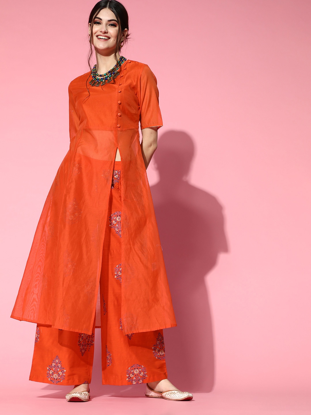 

all about you Ethnic Motifs Cotton Blend Sheer Kurta Set, Orange