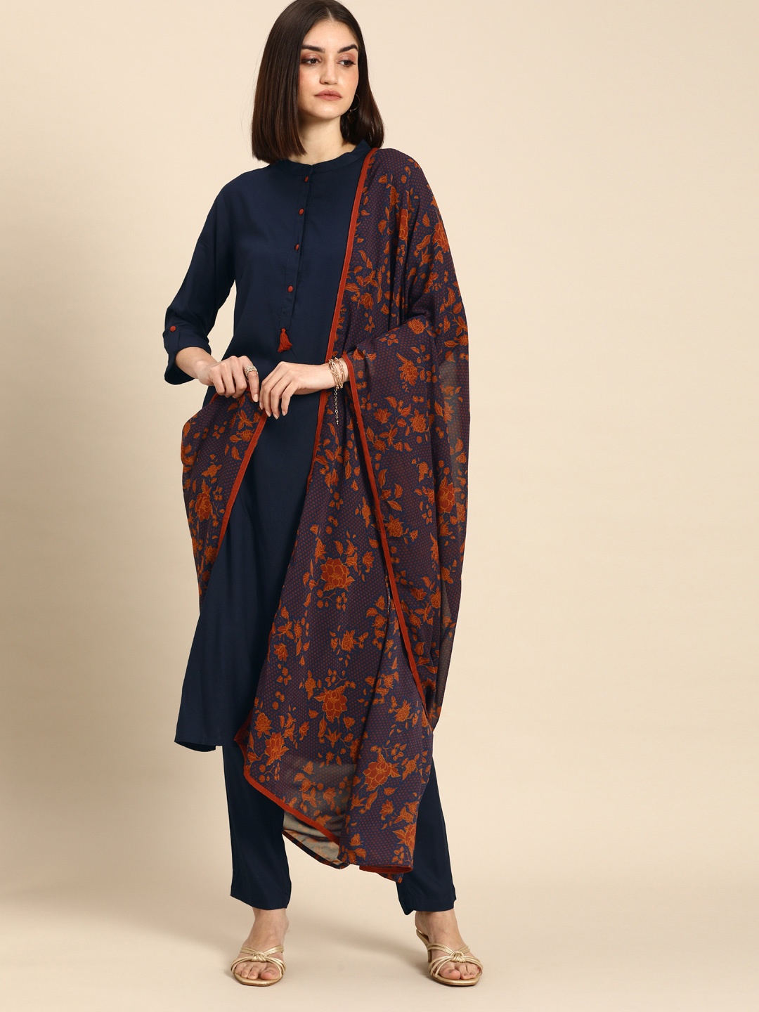 

all about you Women Blue & Orange Regular Kurta with Trousers & Dupatta