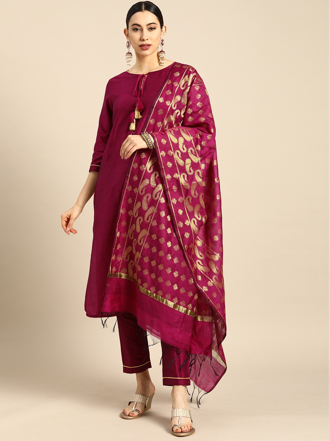 

all about you Women Magenta Regular Pure Cotton Kurta with Trousers & With Dupatta