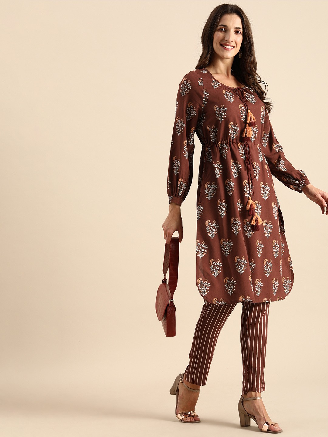 

all about you Women Brown Ethnic Printed Empire Kurta with Trousers