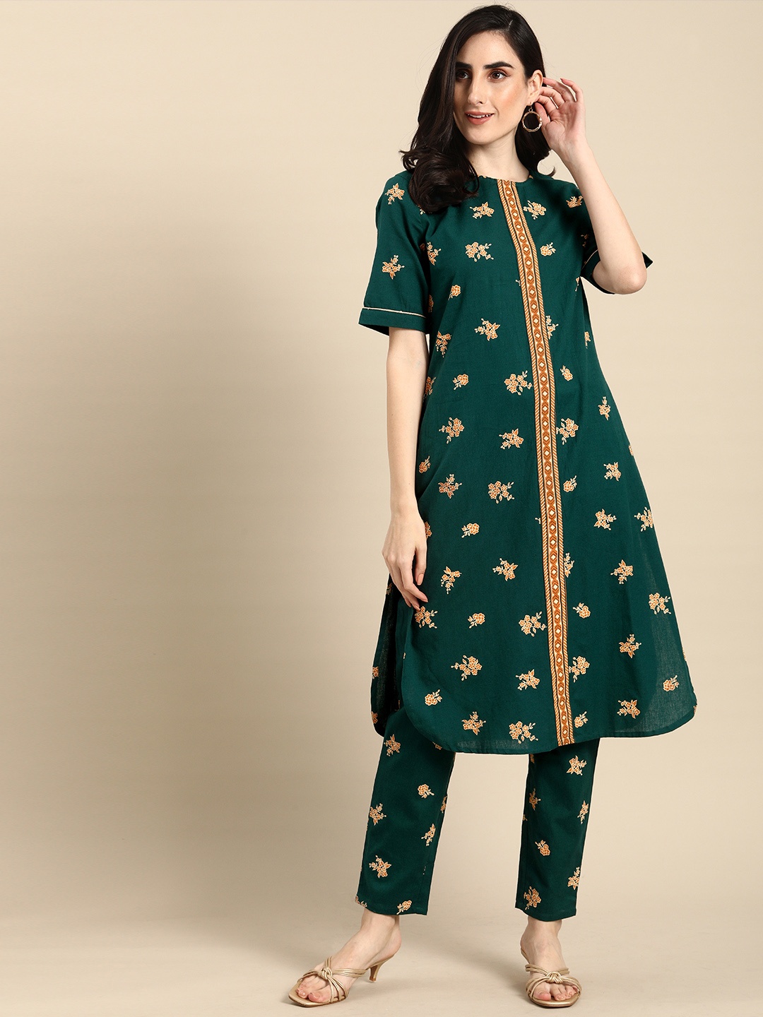 

all about you Women Green & Brown Floral Printed Regular Pure Cotton Kurta with Trousers