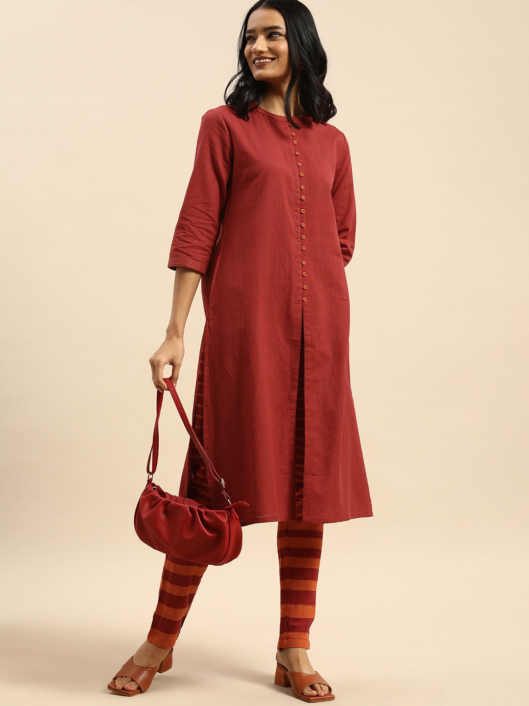 

all about you Women Red & Orange Pure Cotton Kurta with Trousers