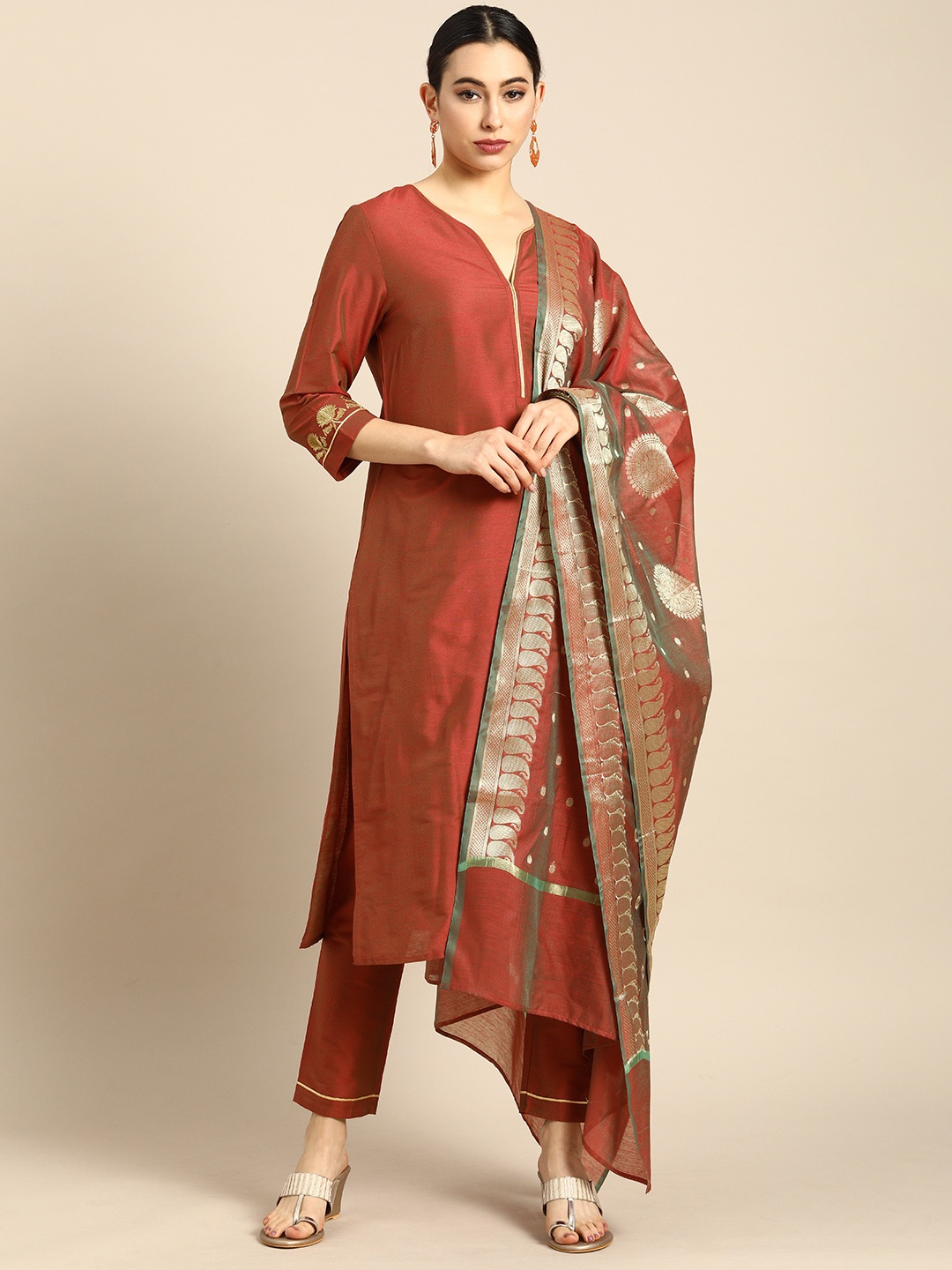 

all about you Women Bronze-Toned Regular Pure Cotton Kurta with Trousers & With Dupatta