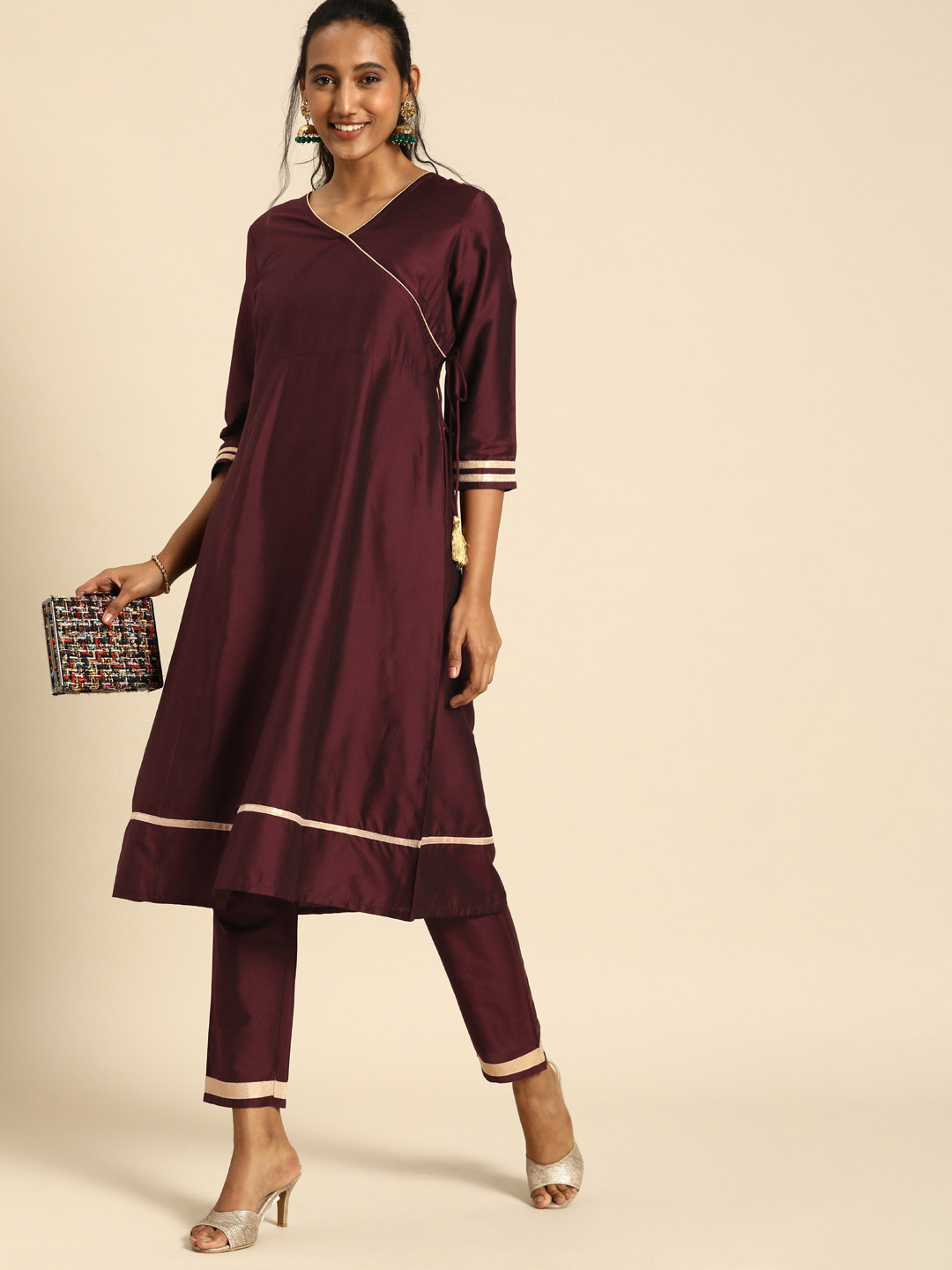 

all about you Women Magenta Solid Angrakha Gotta Patti Kurta with Trousers