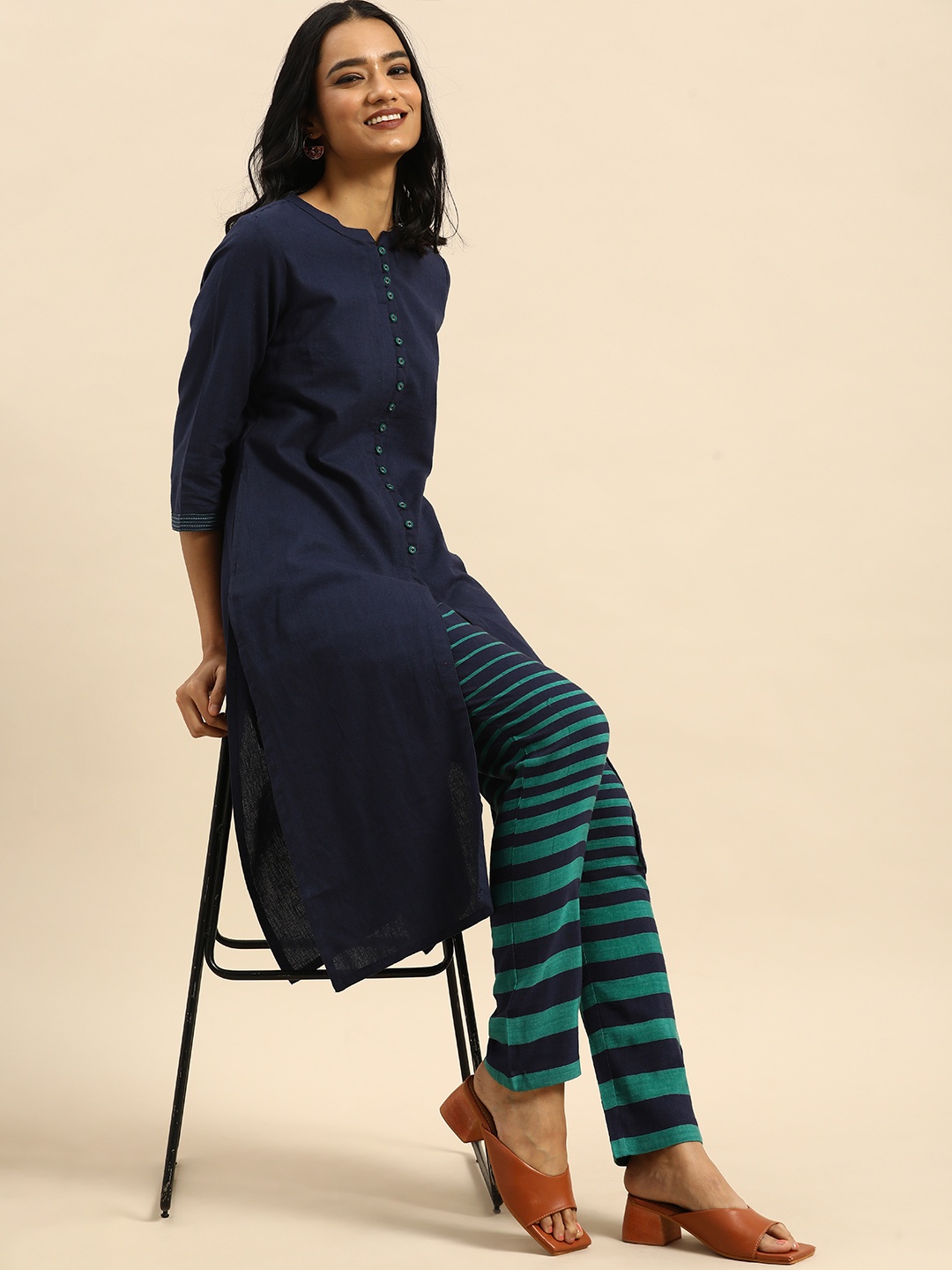 

all about you Women Blue & Green Pure Cotton Kurta with Trousers