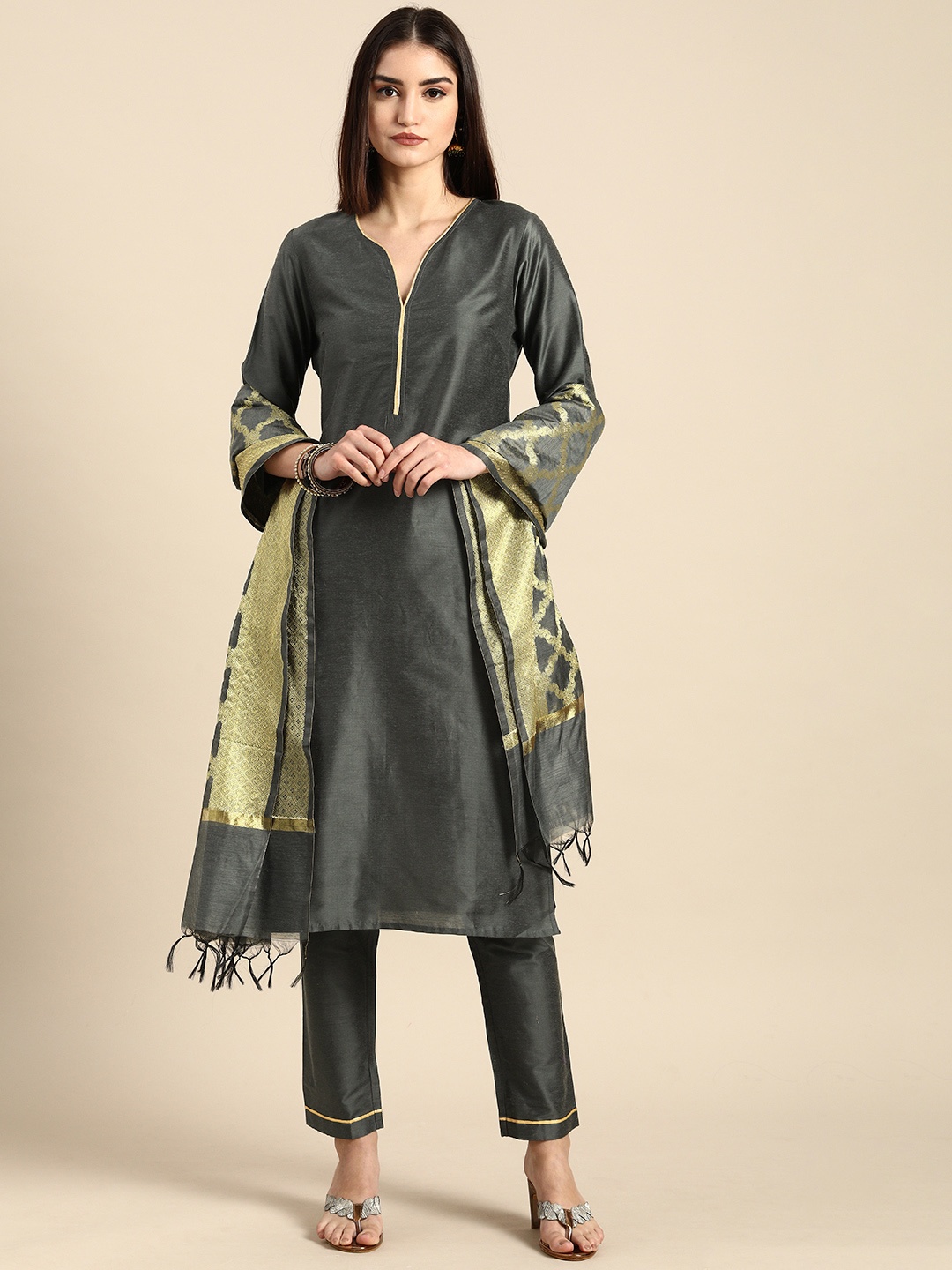 

all about you Women Grey Embroidered Regular Thread Work Pure Cotton Kurta with Trousers & With Dupatta