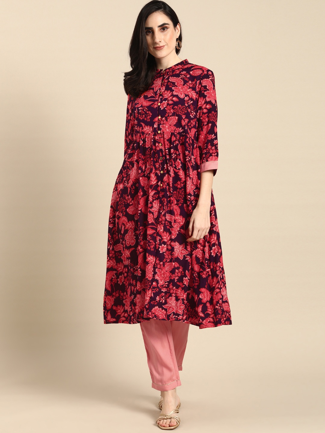 

all about you Women Purple & Pink Floral Printed Regular Kurta with Trousers
