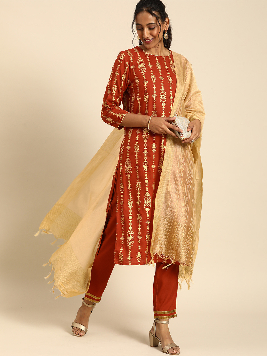 

all about you Women Red Ethnic Motifs Printed Regular Kurta with Trousers & With Dupatta