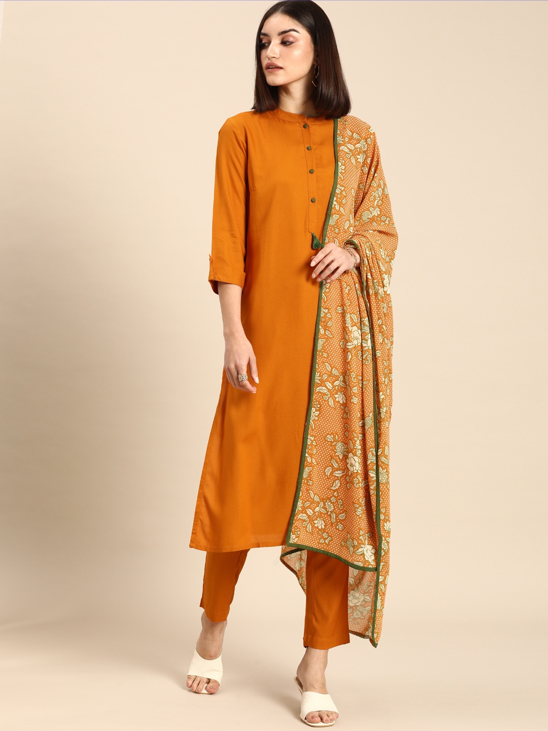 

all about you Women Orange Regular Kurta with Trousers & Dupatta