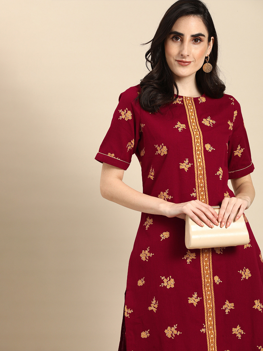

all about you Women Maroon & Mustard Yellow Floral Printed Pure Cotton Kurta with Trousers