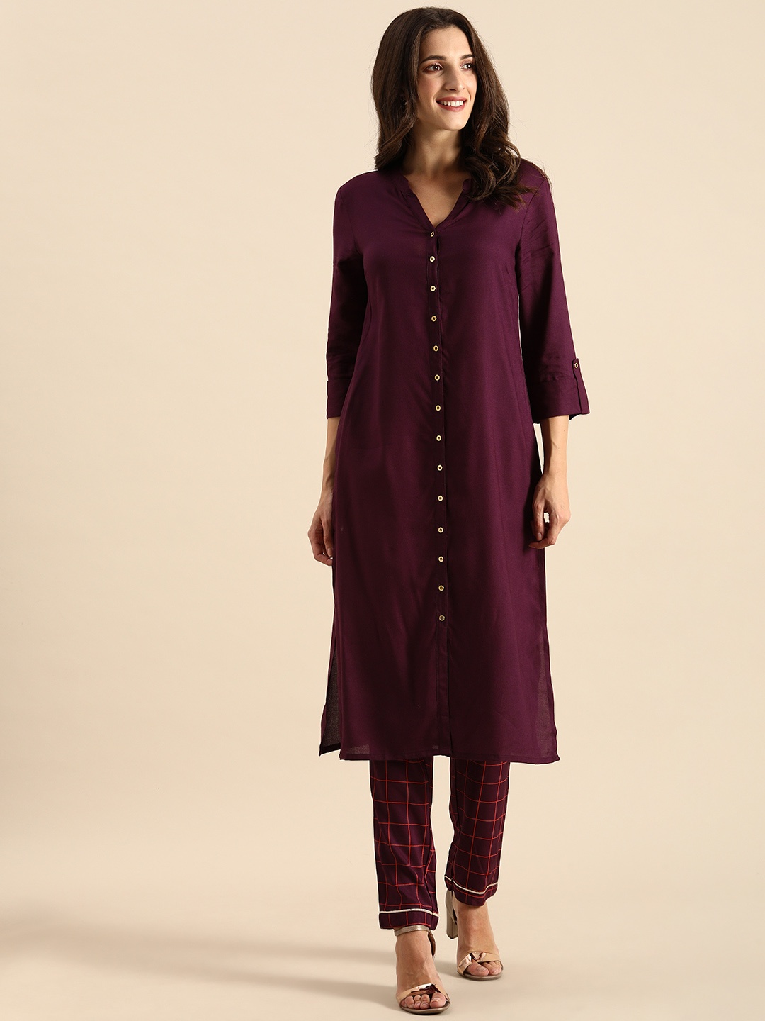 

all about you Women Purple Regular Mock Collared Kurta with Trousers