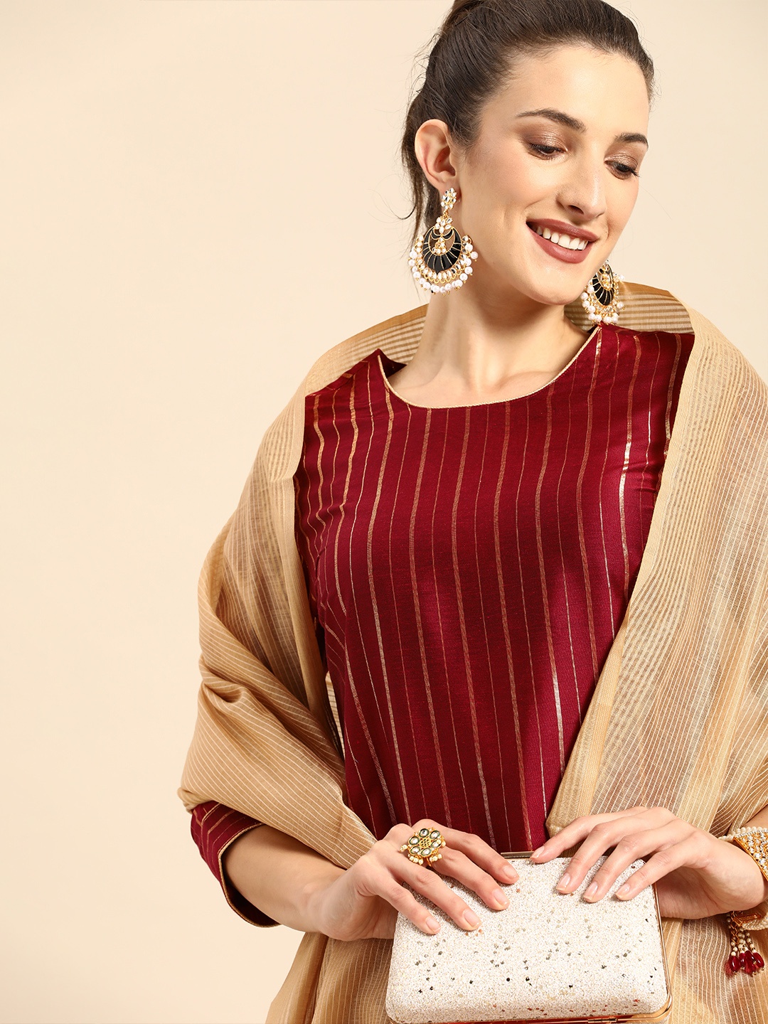 

all about you Women Maroon Striped Regular Kurta with Trousers & With Dupatta