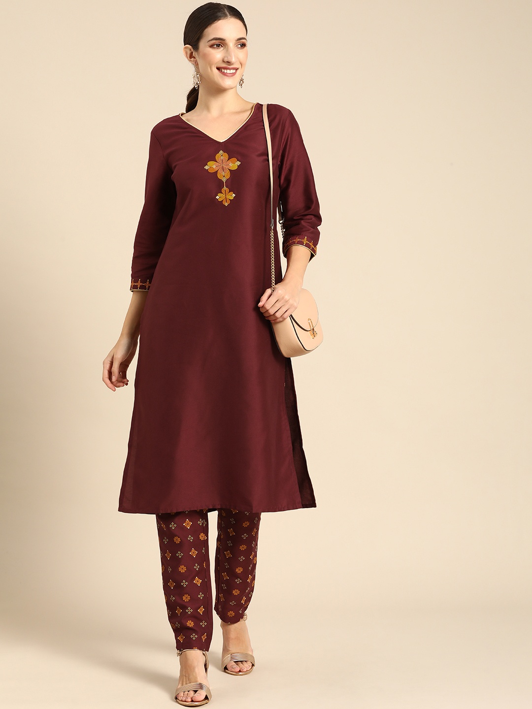 

all about you Women Maroon Floral Yoke Design Regular Kurta with Trousers