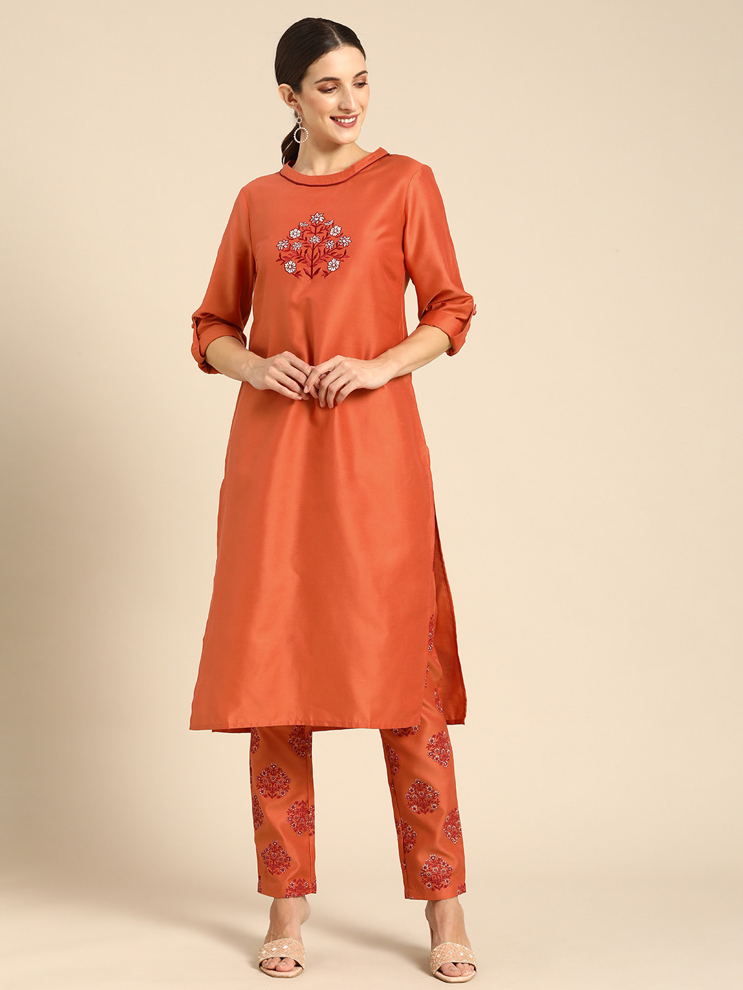 

all about you Women Orange Floral Yoke Design Regular Thread Work Kurta with Trousers