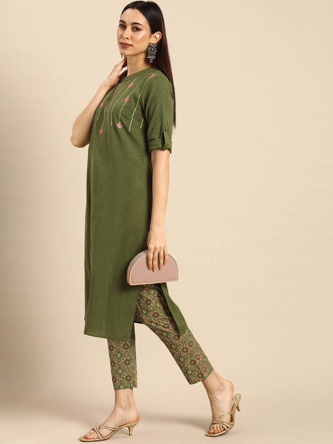 

all about you Women Olive Green Embroidered Pure Cotton Kurta With Printed Trousers