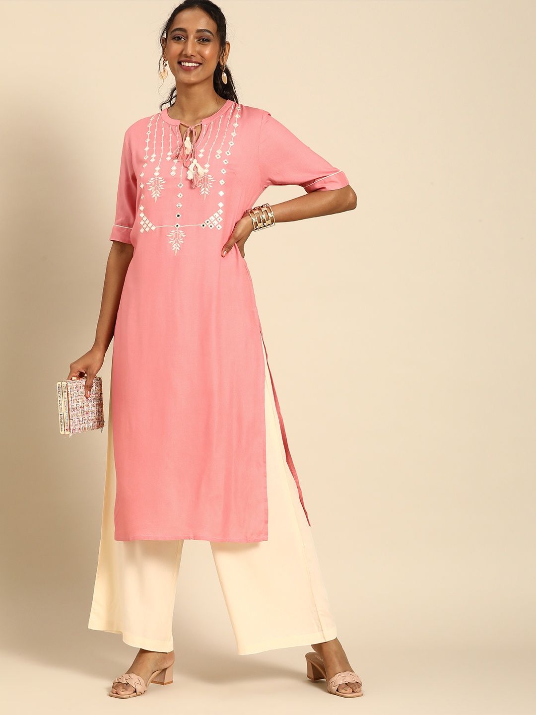 

all about you Women Pink Ethnic Motifs Embroidered Regular Thread Work Kurta with Palazzos