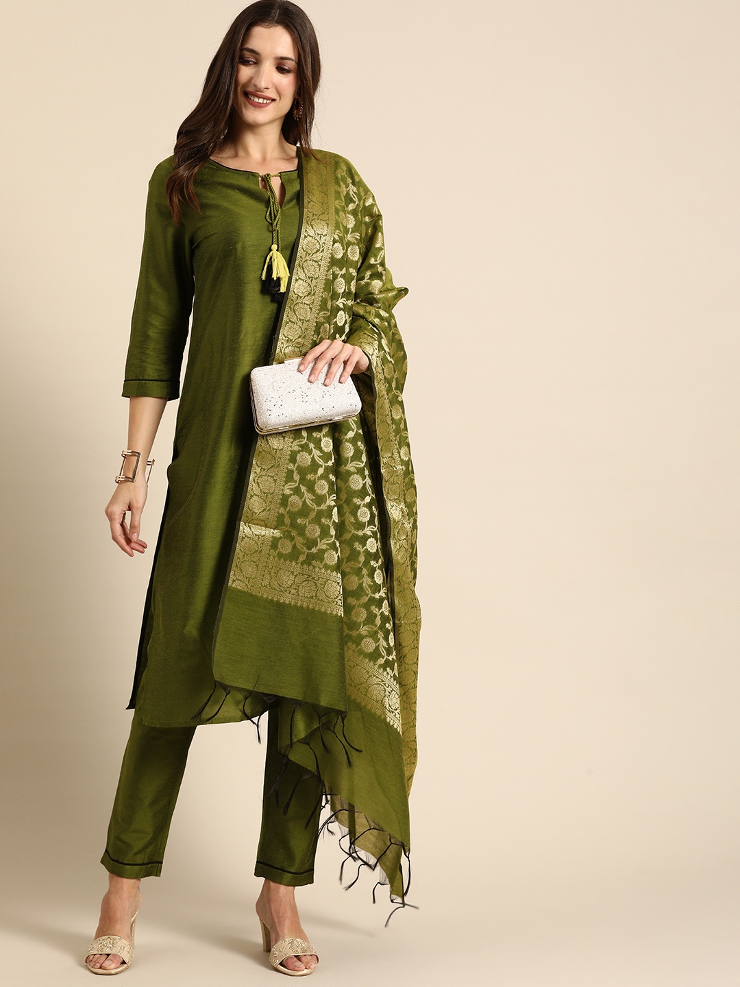 

all about you Women Olive Green Regular Kurta with Trousers & With Dupatta