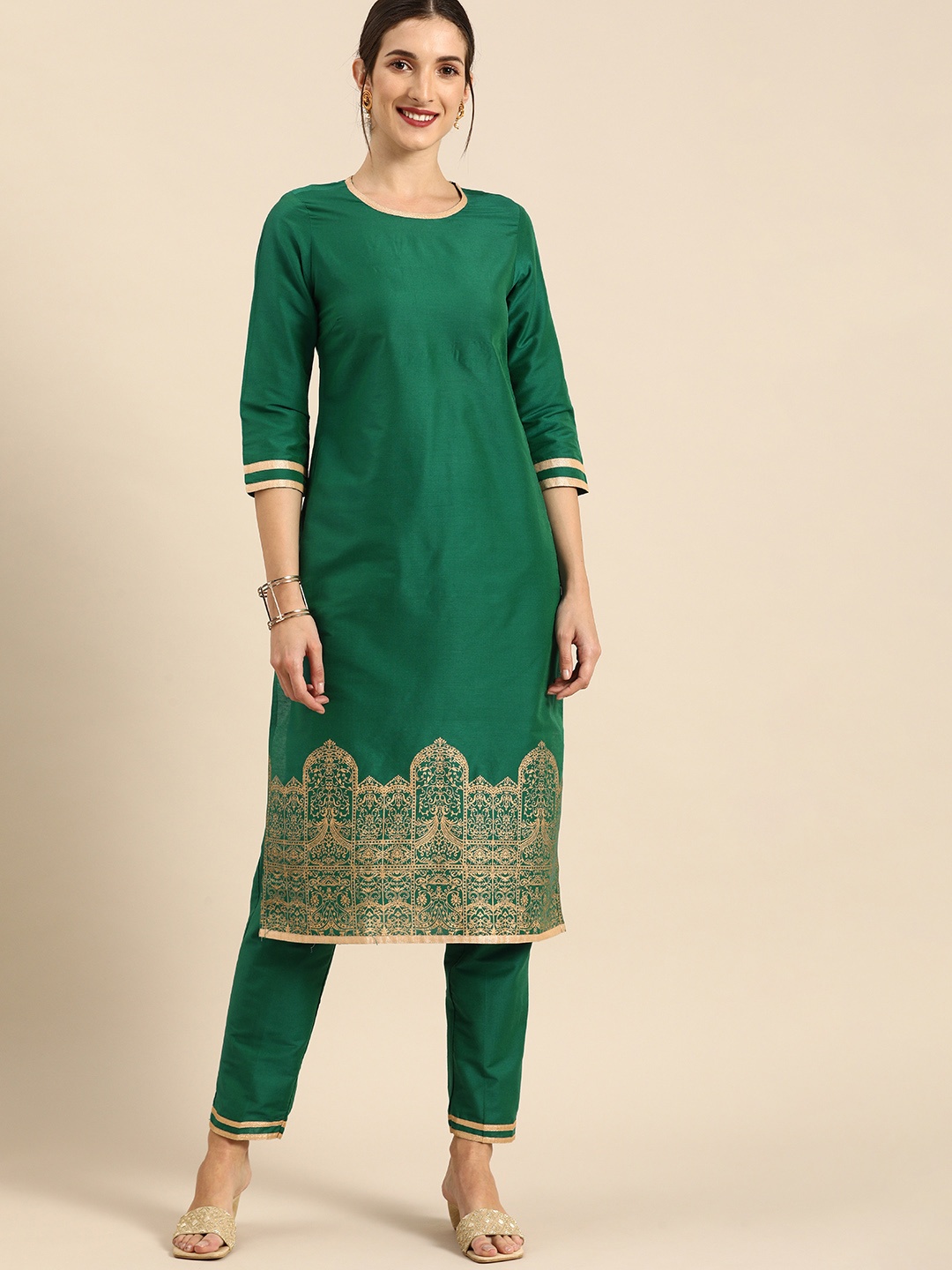 

all about you Women Green & Gold Printed Regular Kurta with Trousers