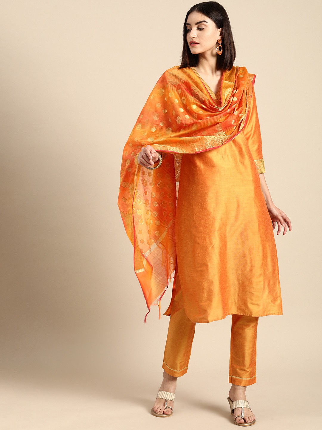 

all about you Women Orange Solid Regular Kurta with Trousers & With Dupatta