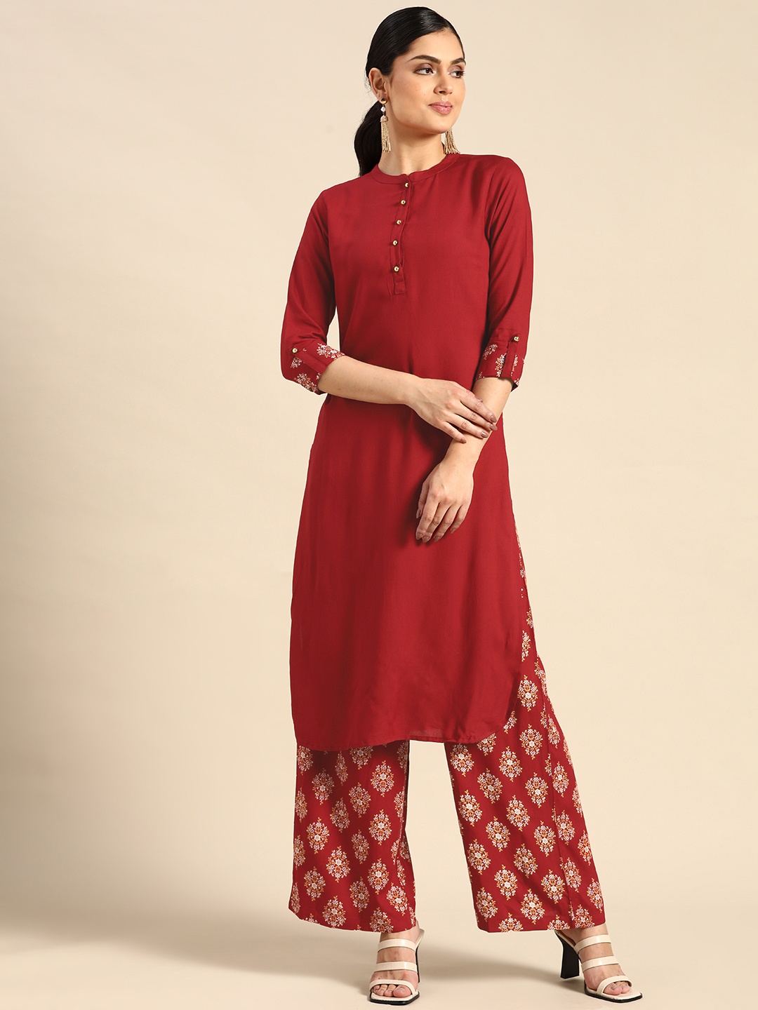 

all about you Women Red Solid Regular Kurta with Printed Palazzos