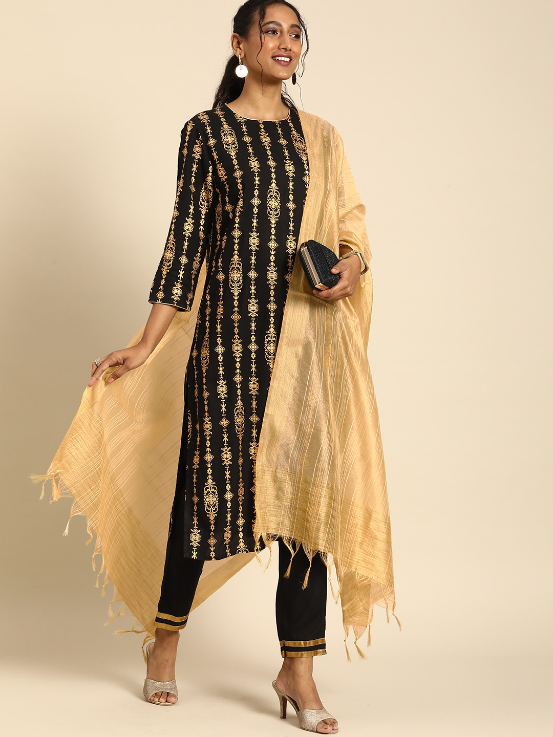 

all about you Women Black Ethnic Motifs Printed Regular Kurta with Trousers & With Dupatta