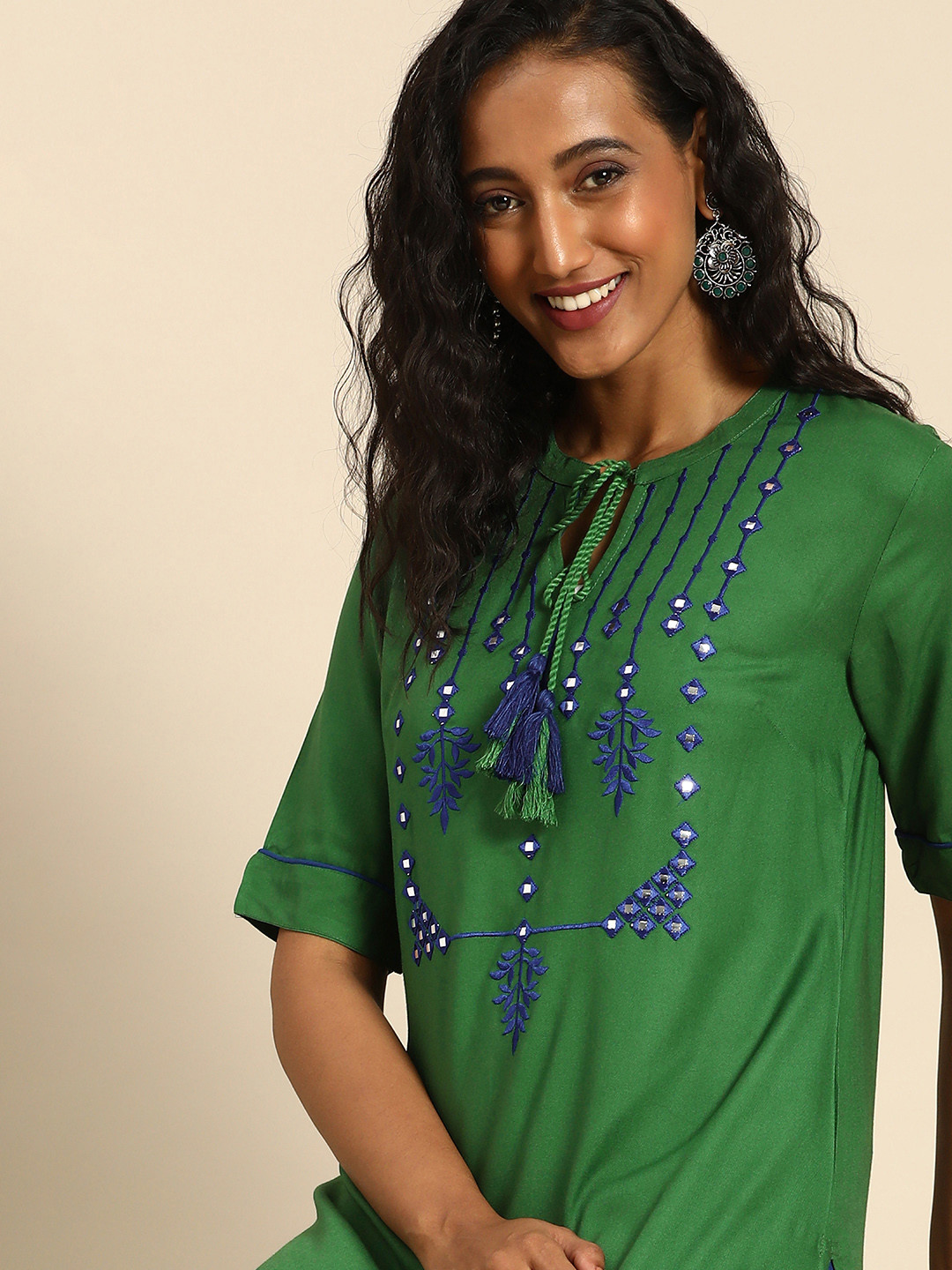 

all about you Women Green Ethnic Motifs Yoke Design Regular Mirror Work Kurta with Palazzos
