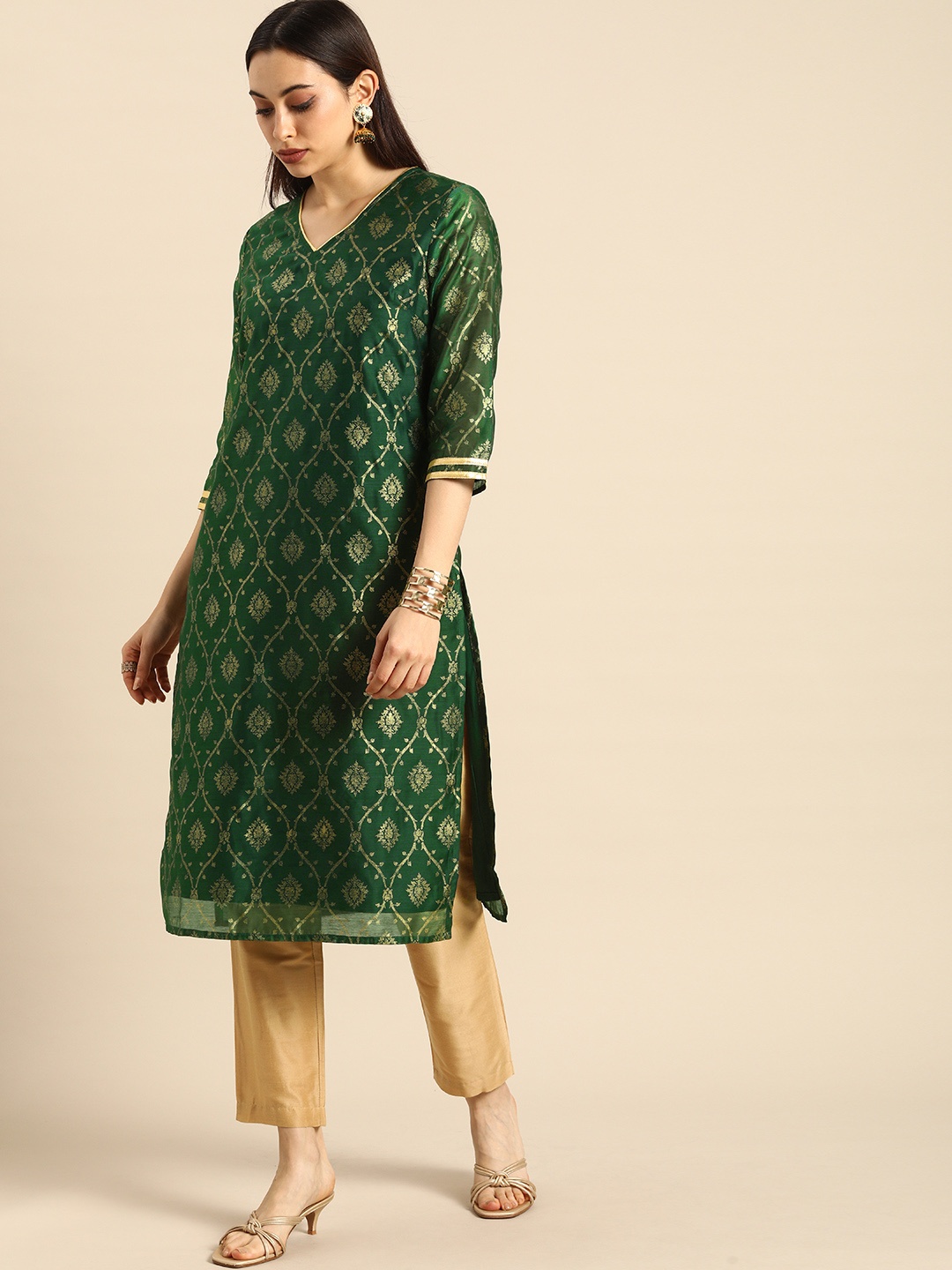 

all about you Women Green & Gold-Toned Woven Design Straight Kurta