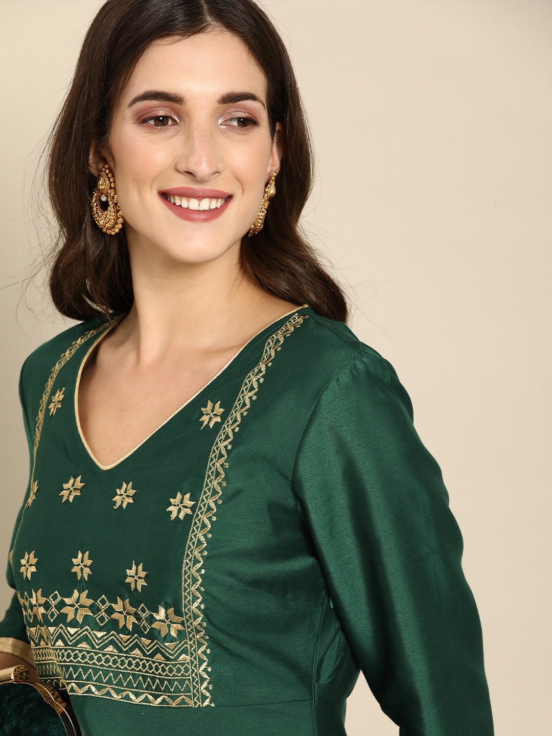 

all about you Women Dark Green Floral Yoke Design V-Neck Anarkali Kurta